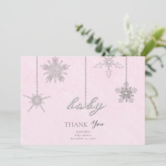 ラインストーングリッタースノーフレークスピンクウィンターベビー サンキューカード (スタンド正面)