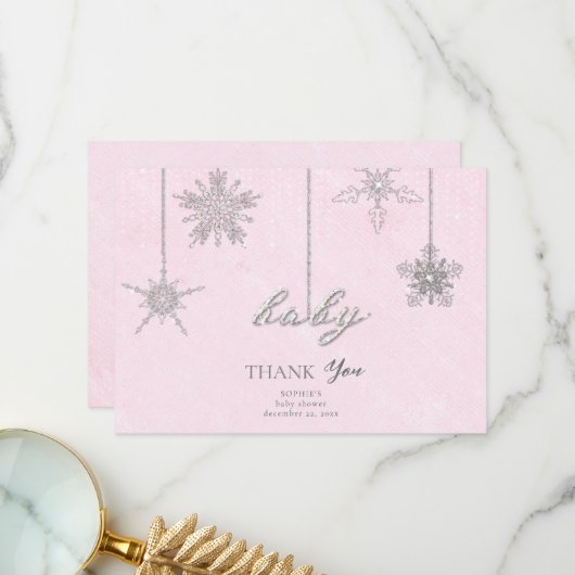 ラインストーングリッタースノーフレークスピンクウィンターベビー サンキューカード (正面/裏面インサイチュ)