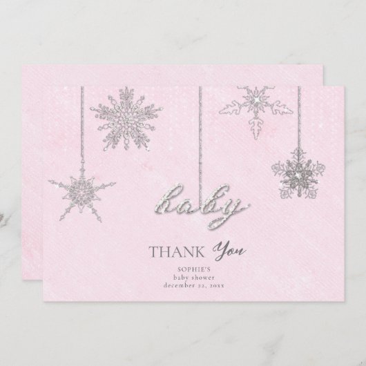 ラインストーングリッタースノーフレークスピンクウィンターベビー サンキューカード (正面/裏面)