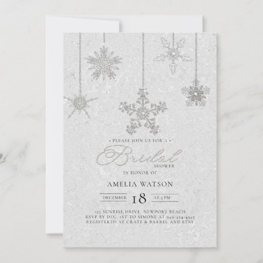 ラインストーンスノーフレークスホワイトウィンターブライダルシャワー 招待状 (正面)