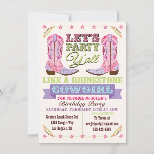 ラインストーン女性のカーボーイバースデーパーティ招待状 招待状 (正面)