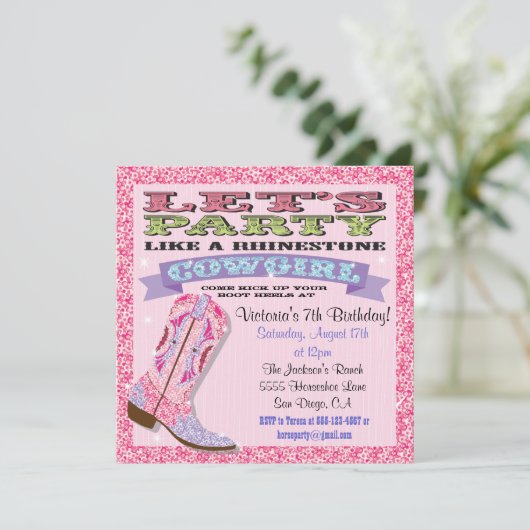 ラインストーン女性のカーボーイバースデーパーティ招待状 招待状 (スタンド正面)