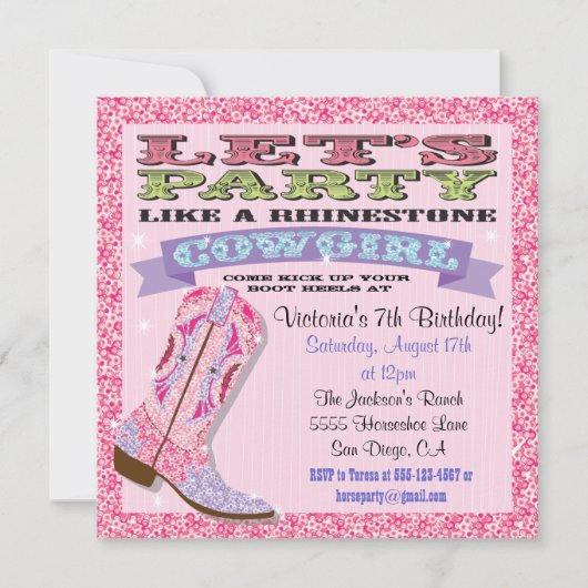 ラインストーン女性のカーボーイバースデーパーティ招待状 招待状 (正面)