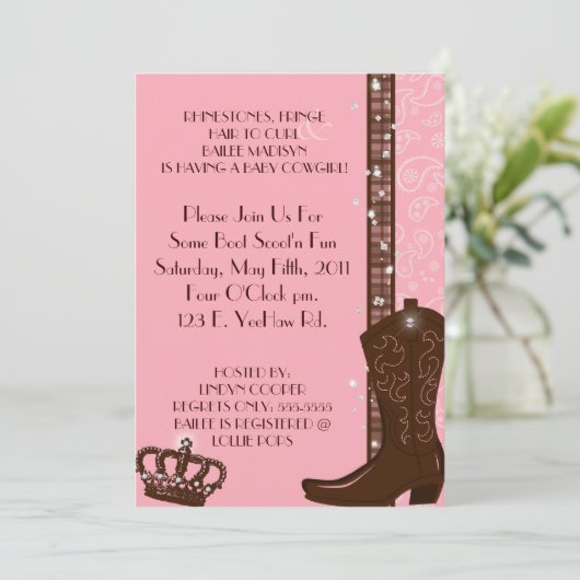ラインストーン、フリンジ及びピンクの女性のカーボーイの招待状 招待状 (スタンド正面)