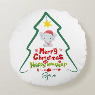 ラインツリーのクリスマスと幸せな新年の象 ラウンドクッション