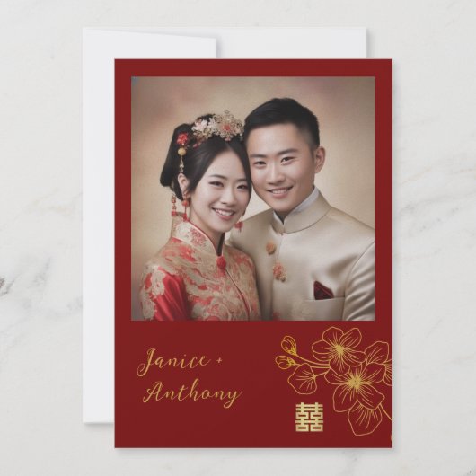 ラインフローラ中国の対結婚の写真の赤 招待状 (正面)