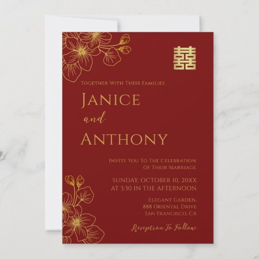 ラインフローラ中国の対結婚の写真の赤 招待状 (裏面)