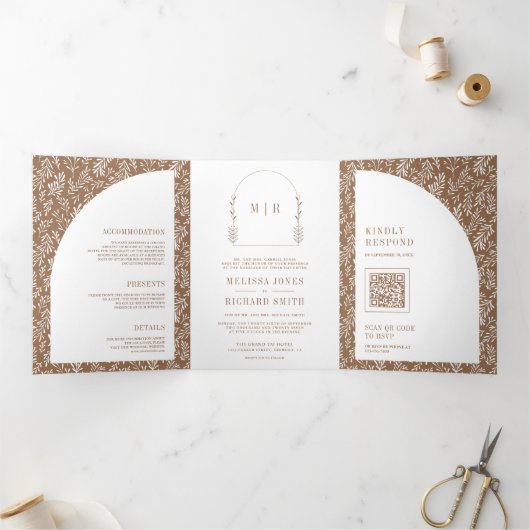 ラインミニマルアートリーフアーチベージュ結婚ズ 三つ折り招待状 (内部)