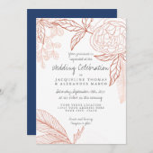 ラインモダンアートフローラ牡丹ネイビーオレンジリーフ 招待状 (正面/裏面)