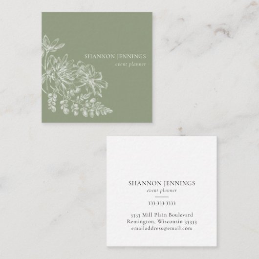 ラインモダンスケッチセージ緑 スクエア名刺 (正面/裏面)