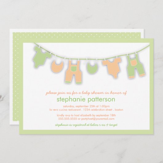 ライン中立ベビーシャワーのかわいいベビーの衣服 招待状 (正面/裏面)