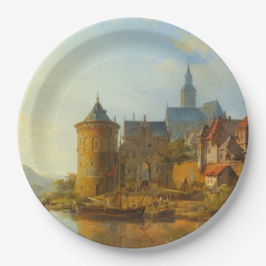 ライン川に沿ったオランダの町のビュー ペーパープレート (正面)