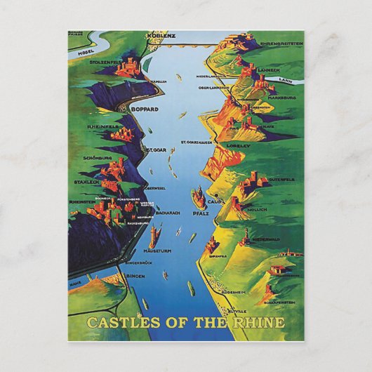 ライン川のドイツの城、ヴィンテージ ポストカード (正面)