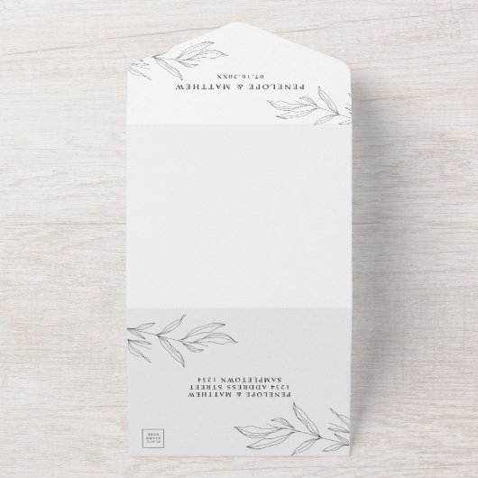 ライン描きの葉がデザインされたオールインワンの結婚式招待状 オールインワン招待状 (外側)