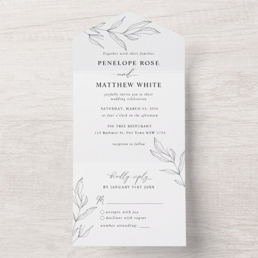 ライン描きの葉がデザインされたオールインワンの結婚式招待状 オールインワン招待状 (内側)