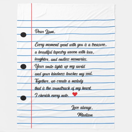 ライン紙文字スクリプトラブノート フリースブランケット (正面)