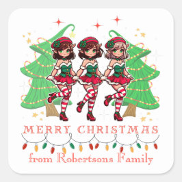 ライン踊りサッシー小妖精や小人のまわりにクリスマスツリー スクエアシール