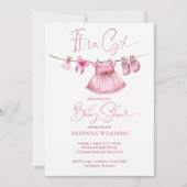 ライ名門私立校風のン女子の赤ちゃんシャワーのピンクの服 招待状 (正面)