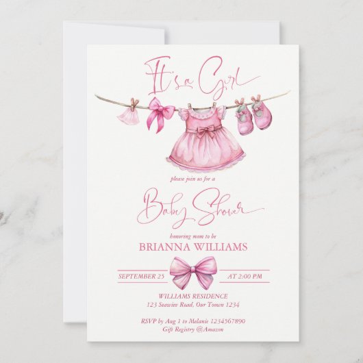 ライ名門私立校風のン女子の赤ちゃんシャワーのピンクの服 招待状 (正面)