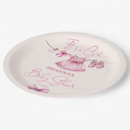 ライ名門私立校風のン赤ちゃんシャワーの上のピンクのカスタム服 ペーパープレート (アングル)
