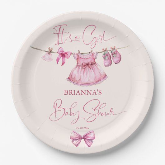 ライ名門私立校風のン赤ちゃんシャワーの上のピンクのカスタム服 ペーパープレート (正面)
