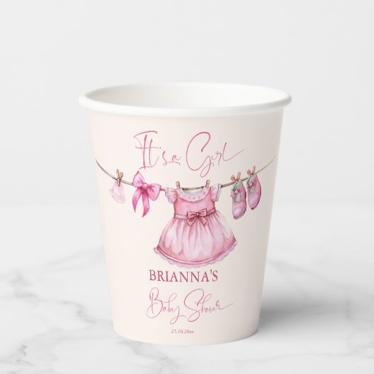 ライ名門私立校風のン赤ちゃんシャワーの上のピンクのカスタム服 紙コップ (正面)