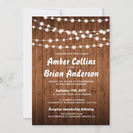 ライ白熱［赤熱］光を放つトバ素朴ンウッドカントリーウェディング 招待状 (正面)