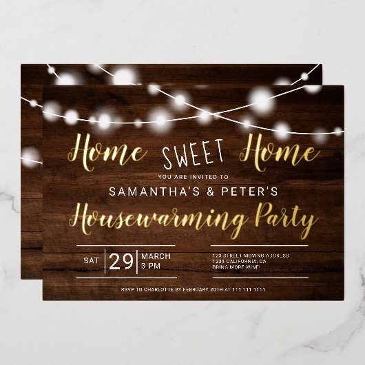 ライ素朴トホーム甘いホーム引っ越し祝いパーティーパーティー 箔招待状 (正面/裏面)
