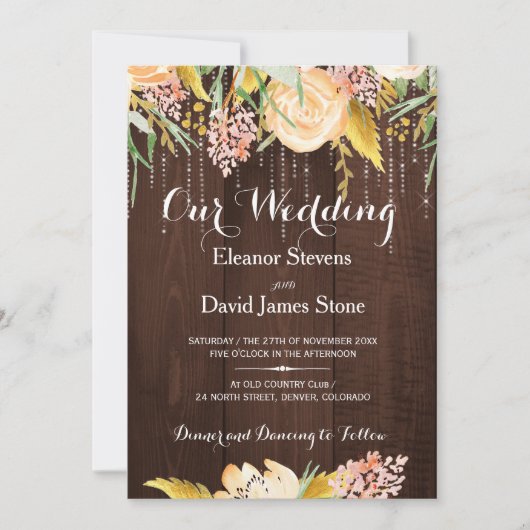 ライ素朴ト納屋の木の植物のフローラ結婚の 招待状 (正面)