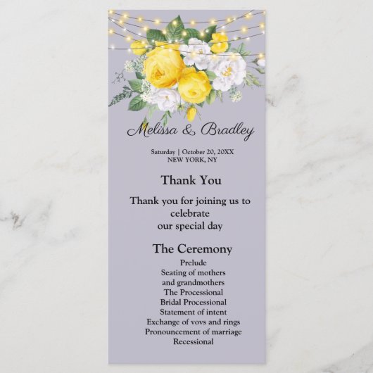 ライ素朴ト黄色フローラメニュー。結婚式 プログラム (正面)