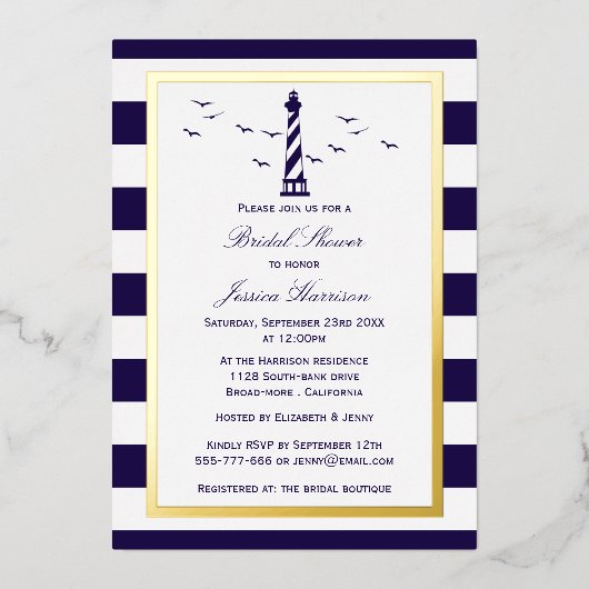ライ航海のトハウスネイビストライプーブライダルシャワー実在 箔招待状 (正面)