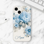 ライ芸術的トパーソナライズされたパステルブルーバラ Case-Mate iPhone 14ケース<br><div class="desc">このカスタマイズ美しいデザインはあなたの名前かモノグラム。濃厚な淡い色の青いバラ、野花、アジサイの花が咲き、卵の殻の背景に軽いパステルセージの葉が咲く。</div>