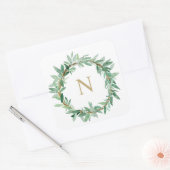 ラウレルオリーブ葉の花輪モノグラムステッカー スクエアシール (封筒)
