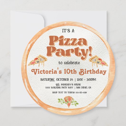 ラウンドウォーターカラーピザバースデーパーティー 招待状 (裏面)