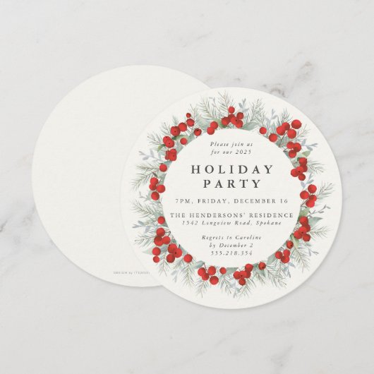 ラウンドエレガントレッドベリークリスマスホリデーパーティー 招待状 (正面/裏面)