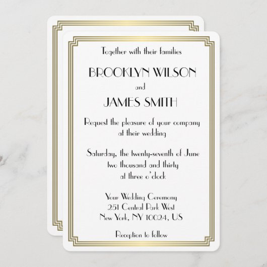 ラウンドギャツビー素晴らしアールデコホワイトウェディングへの誘い 招待状 (正面/裏面)