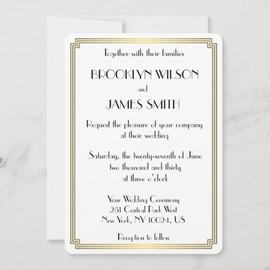 ラウンドギャツビー素晴らしアールデコホワイトウェディングへの誘い 招待状 (正面)