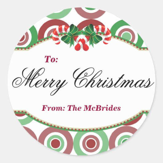 ラウンドクリスマスキャンディーケーンギフトラベルステッカー ラウンドシール (正面)