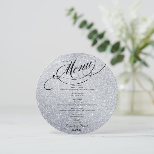 ラウンドグリッター結婚のディナーメニュープレート用カード メニュー (スタンド正面)