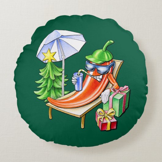 ラウンドグリーンおもしろいクリスマスチリ日光浴 ラウンドクッション (正面)