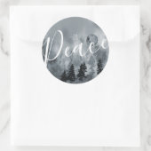 ラウンドステッカークリスマススノーツリーネイビー水色 ラウンドシール (バッグ)