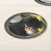 ラウンドタワー窓のハロウィーンフクロウ ラウンドペーパーコースター (アングル)