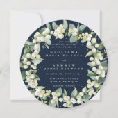 ラウンドネイビースノーベリー+ユーカリリース結婚ズ 招待状 (正面)
