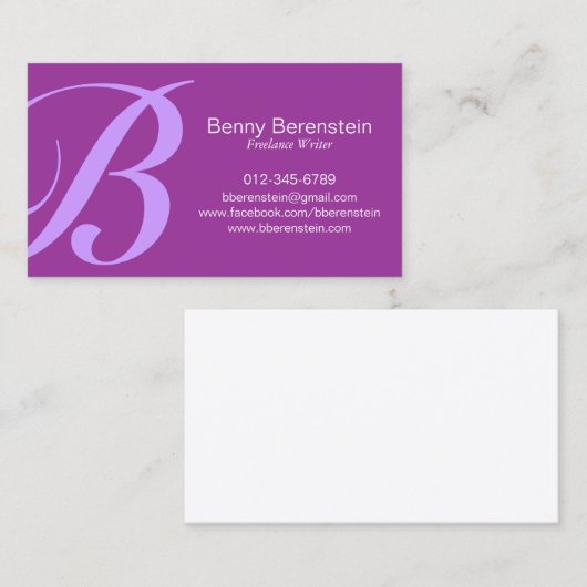 ラウンドハンドはっきりしたモノグラムパープルビジネスカード 名刺 (正面/裏面)