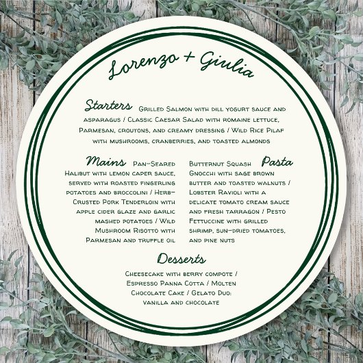 ラウンドハンドドローレトログリーン手書き結婚の メニュー