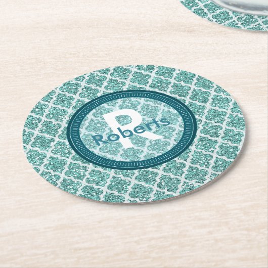 ラウンドパーソナライズされたティール（緑がかった色）コースター ラウンドペーパーコースター (アングル)
