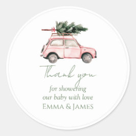 ラウンドピンクカー&ツリークリスマスステッカー ラウンドシール