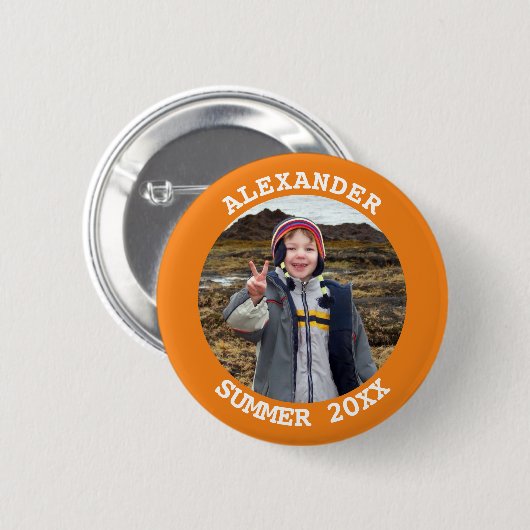 ラウンドファパーソナライズされたミリ写真明るいオレンジ 缶バッジ (正面&裏面)