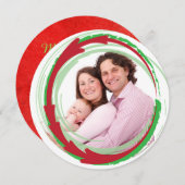 ラウンドファミリーフォトレッド&グリーンクリスマスカード シーズンカード (正面/裏面)