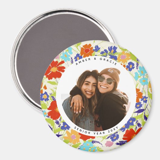 ラウンドフォトかわいらしワイルドフラワーフレームと文字マグン マグネット (正面/裏面)